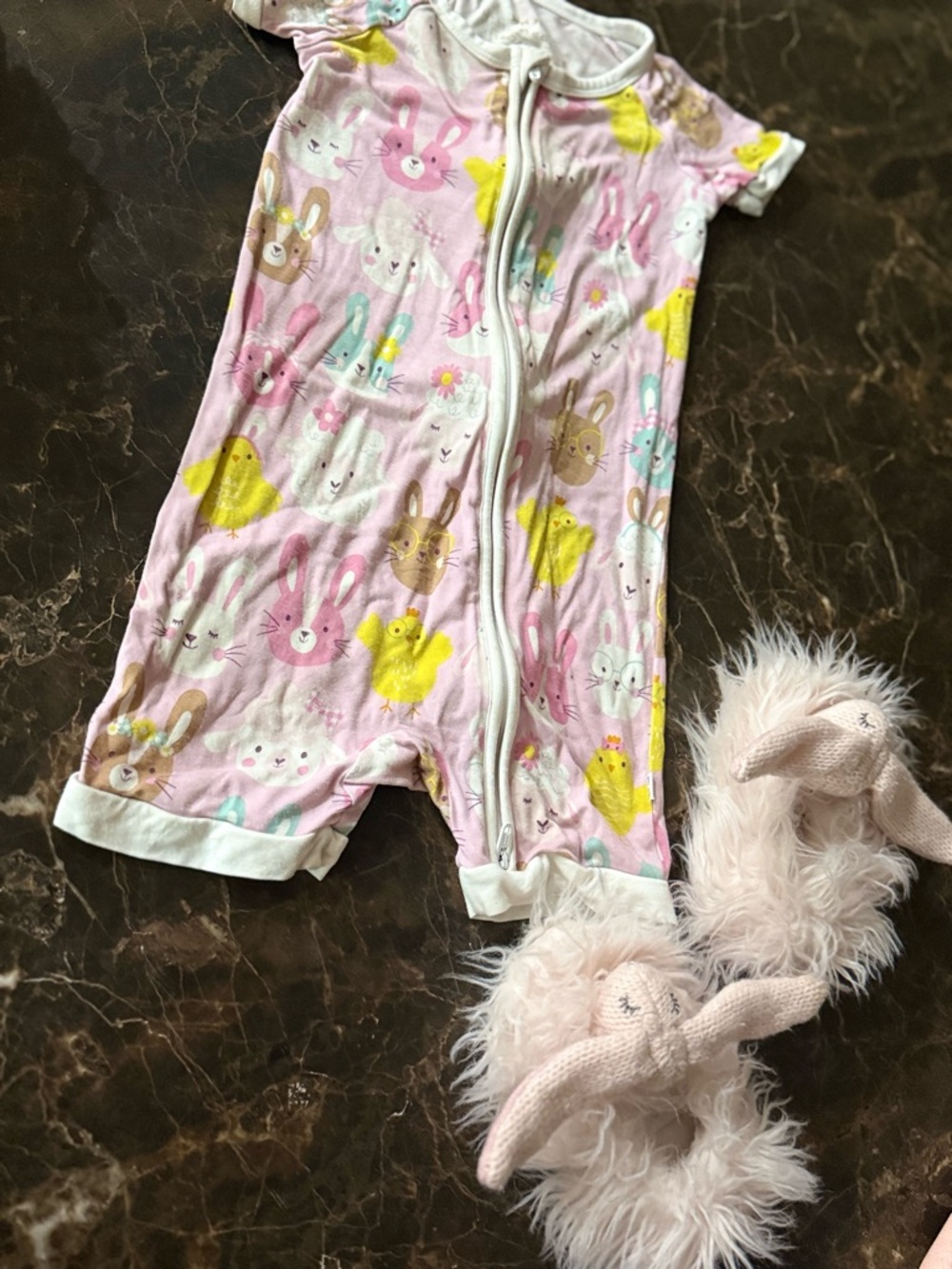 Little sleepies romper and RH Pink Fluffy Bunny Slippers 24m